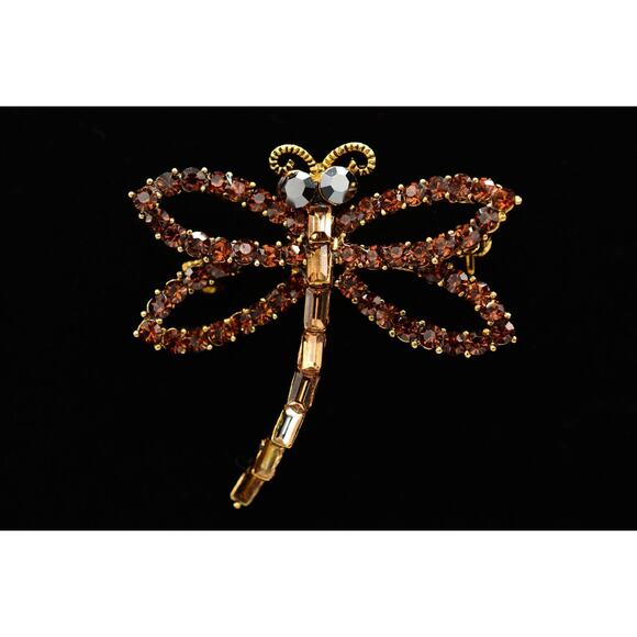 WM Vintage Dragonfly Crystal Pin Brooch Brown Rhinestone Gold Signed AS IS BinAJ - Picture 1 of 12